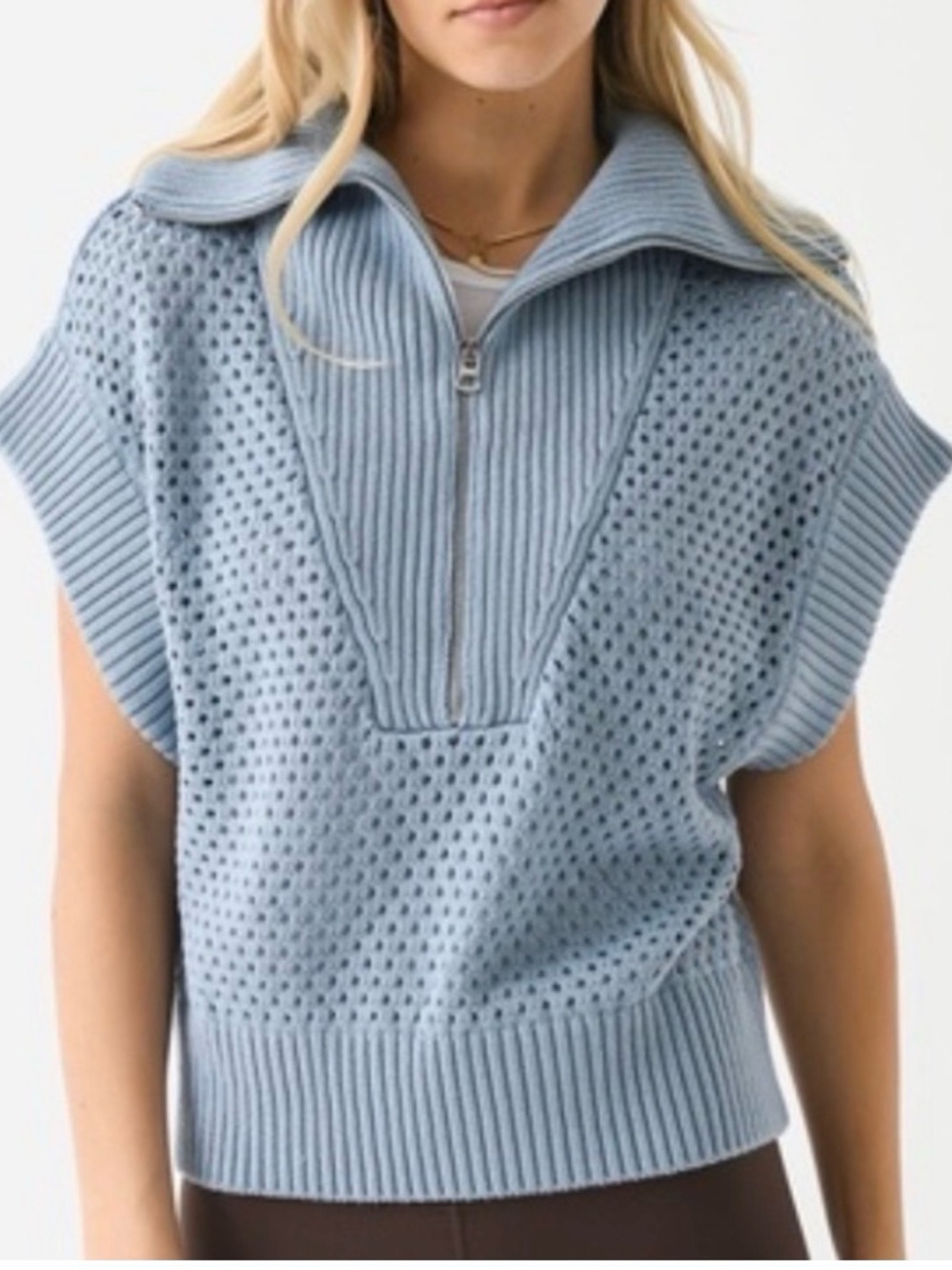 Varley Light Blue Half-Zip Knit Sweater Vest